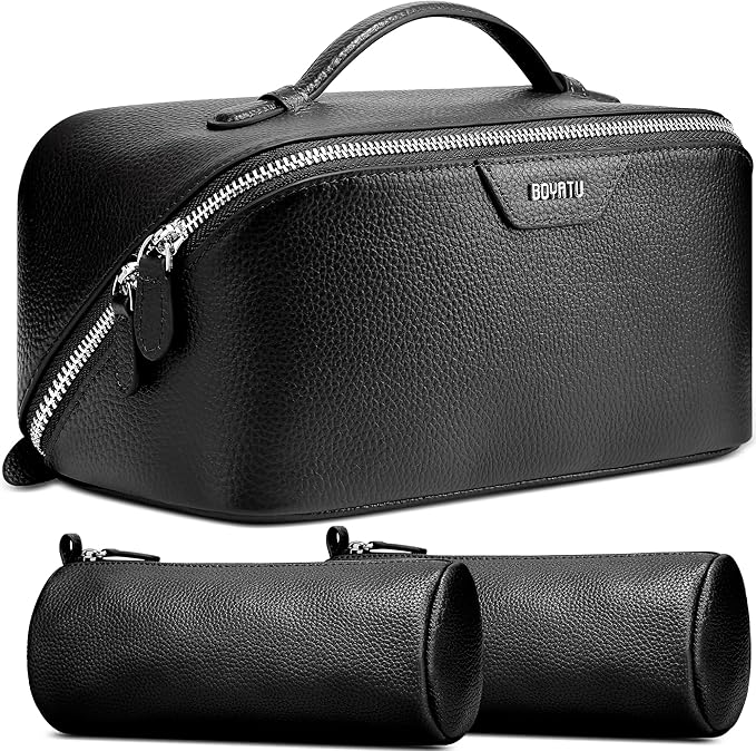 BOYATU Genuine Leather Travel Makeup Bag: Large Capacity 3 Pcs Set Cosmetic Bags for Women - Designer Waterproof Hand-made for Toiletry Organizer - Ladies Travel Essentials for Elegance (02Black) by BOYATU