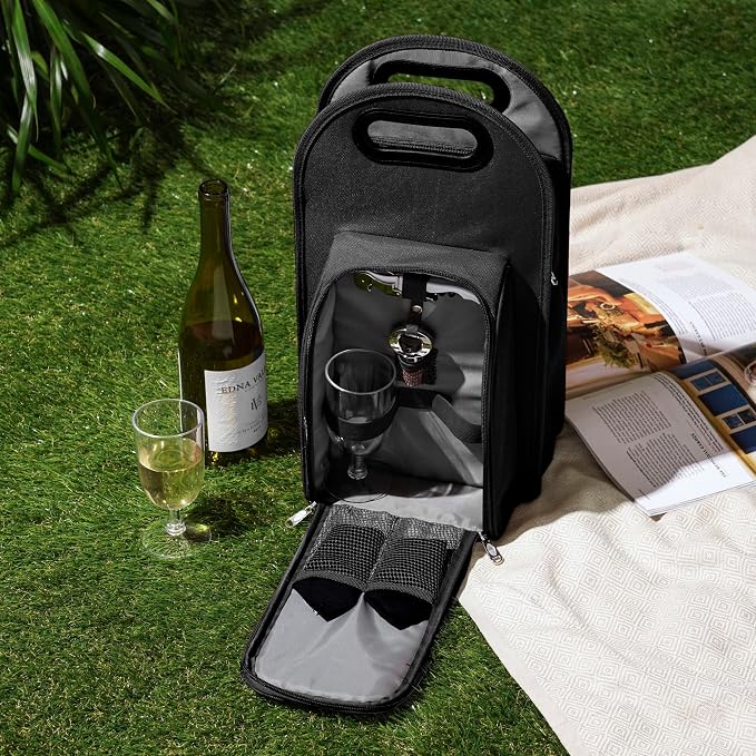 True Metro Insulated Wine Tote with Pockets, Wine Bottle Carrier and Picnic accessory set, wine glasses set of 2, Napkins, Corkscrew, and Bottle stopper, Black, Set of 1 - Image 6