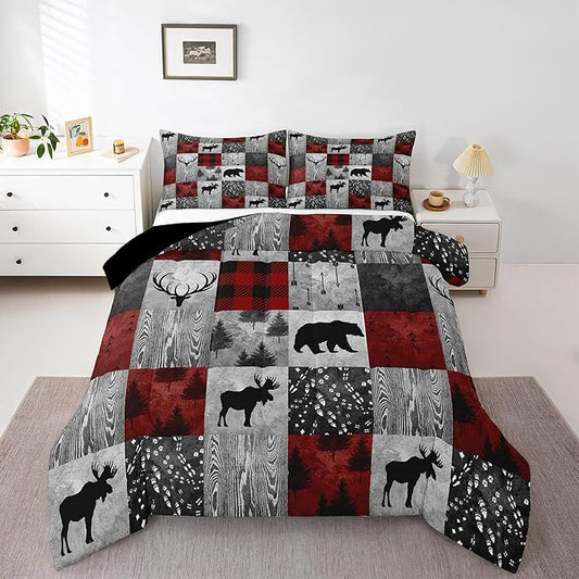 Erosebridal Rustic Deer Bear Comforter Twin,Farmhouse Moose Bedding for Kids Boys Girls,Hunting Animal Comforter Sets,Buffalo Check Patchwork Duvet Insert with 1 Pillowcase Lightweight Warm by Erosebridal
