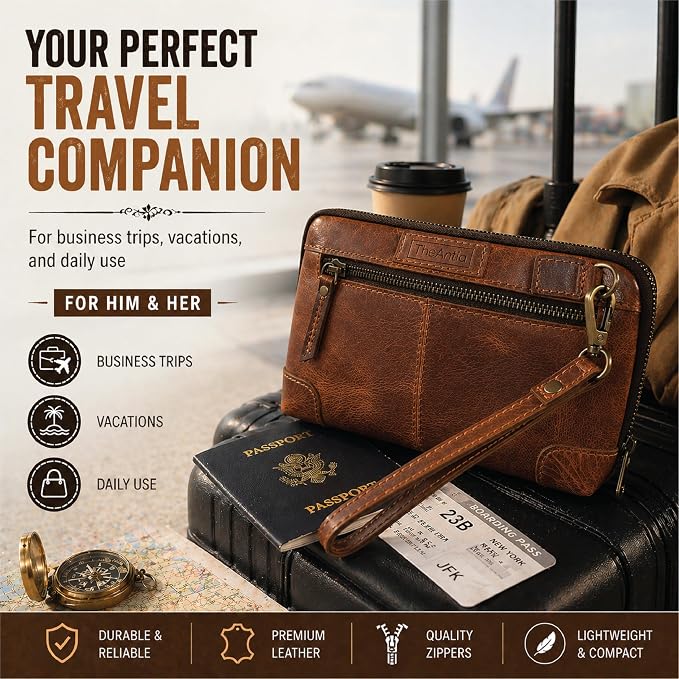Genuine Leather Makeup Bag Travel Organizer, Premium Handcrafted Cosmetic Pouch with Zipper & Wrist Strap, Durable Toiletry Storage for Women & Men, 5 x 9- Tan - Image 9