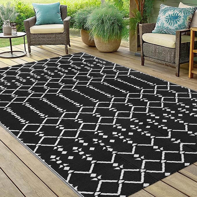 Smiry Outdoor Rug 5x8 ft, Waterproof Reversible Plastic Straw Rugs, Boho Outdoor Area Rug, Outside Floor Mat for Patio, Backyard, Deck, Picnic, Beach, Camping, Black - Image 6