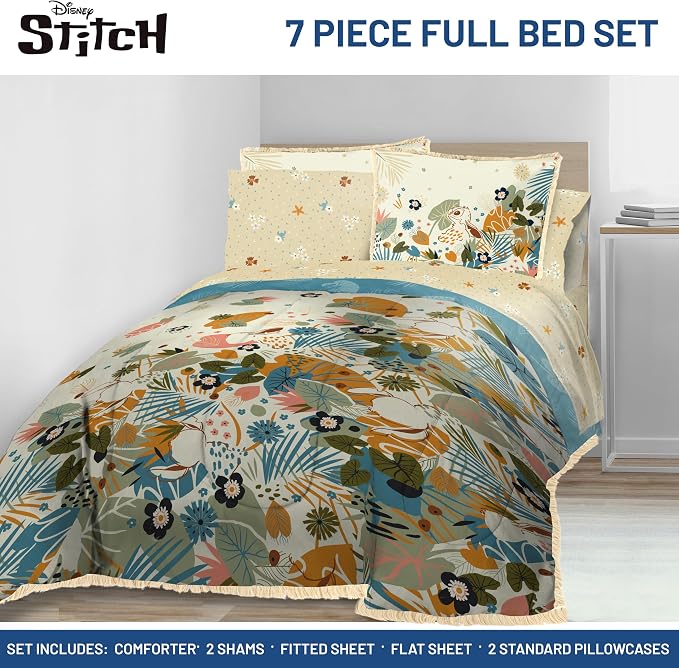 Disney Lilo and Stitch Full Size Comforter Set 7 Piece Bedding, Multi | Floral Bed in a Bag, Comforter Sheets Shams Pillowcases, Official Product, Soft Microfiber, Machine Washable, Girls Gift - Image 2