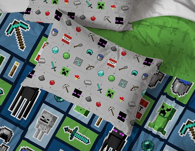 Minecraft Creeper Queen Comforter Set 5 Piece Kids Bedding for Boys, Multi | Zombie, Bed in a Bag, Comforter Sheets Pillowcases, Official Product, Soft Microfiber, Machine Washable, Boys Gift - Image 6
