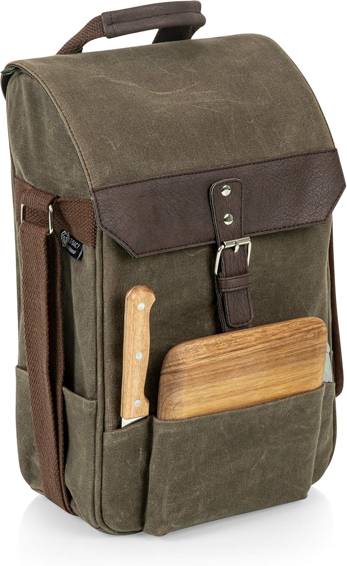 PICNIC TIME 2 Bottle Insulated Wine Bag with Cheese Board and Knife Set - Wine Picnic Bag - Distressed Waxed Canvas Wine Tote, (Khaki Green with Brown Accents) by PicnicTimeFamilyofBrands