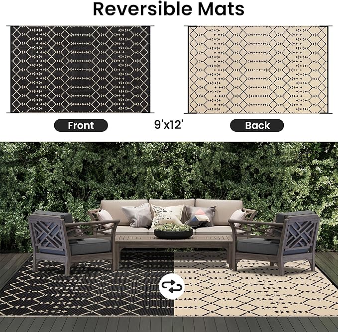 Smiry Outdoor Rug 9x12 ft, Waterproof Reversible Plastic Straw Rugs, Boho Outdoor Area Rug, Outside Floor Mat for Patio, Backyard, Deck, Picnic, Beach, Camping, Beige - Image 3
