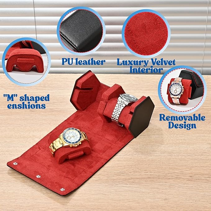 Luxury Hexagonal Leather Travel Watch Roll for 2 Watches, Black Red | Multiple Watch Capacity,Premium Hexagon Leather,Velvet M-Shaped Cushions,Secure Snap Closure,Storage Organizer - Image 5