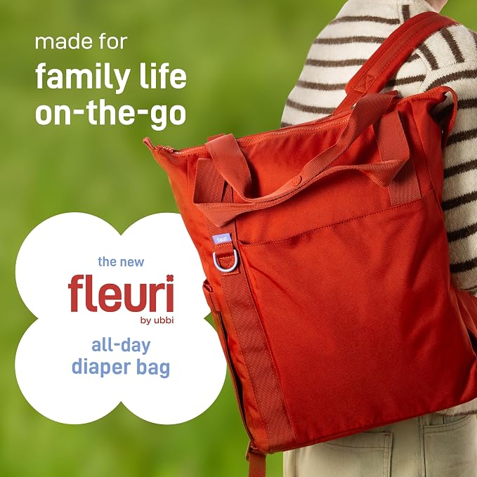 Ubbi Fleuri All-Day Diaper Bag Backpack, Features 12 Pockets, Insulated Bottle Pocket, Wet Bag, Changing Mat, Stroller Straps and Dust Pouch, Lightweight, Easy-Clean & Travel Ready, Wild Poppy - Image 2