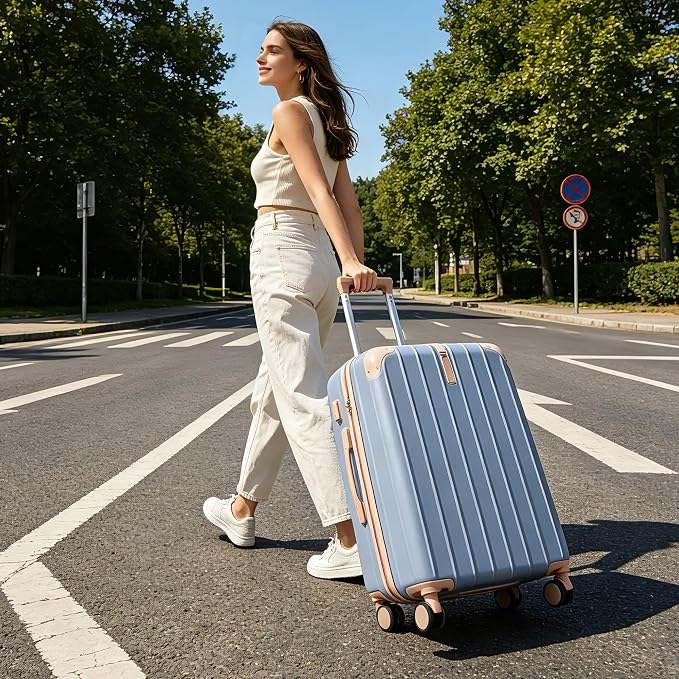 Hardside Luggage Sets, Lightweight Stripes Suitcase with Spinner Wheels, Blue - Image 3