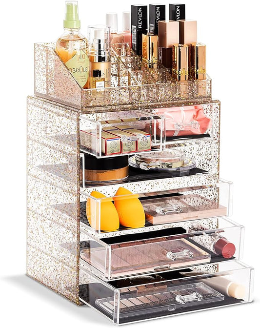 Sorbus Acrylic Makeup Organizer Set, 6-Drawer Vanity & Countertop Cosmetic Storage with Small & Wide Compartments, Glitter Makeup Storage for Brushes, Jewelry – Holiday Gift for Women & Teens by Sorbus