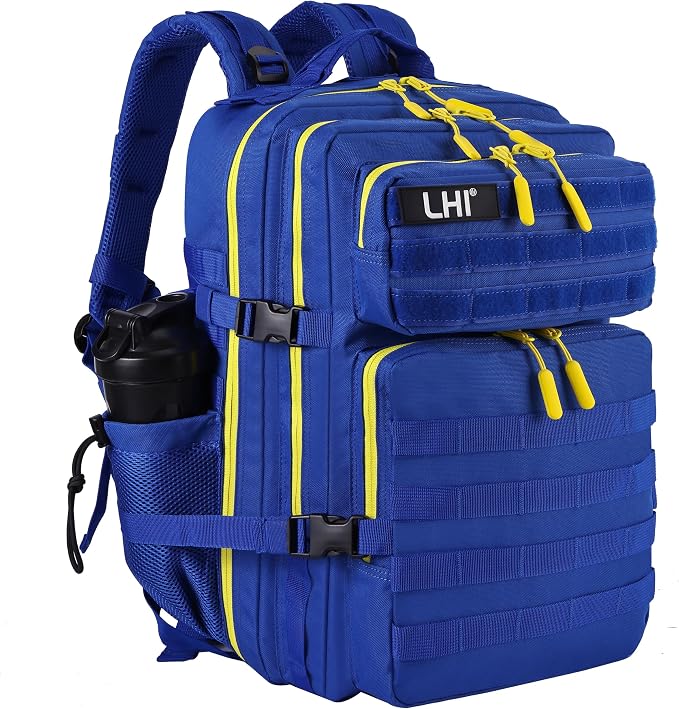 LHI Military Tactical Backpack for Men and Women 45L Army 3 Days Assault Pack Bag Large Rucksack with Molle System - Blue with yellow zipper by LHI