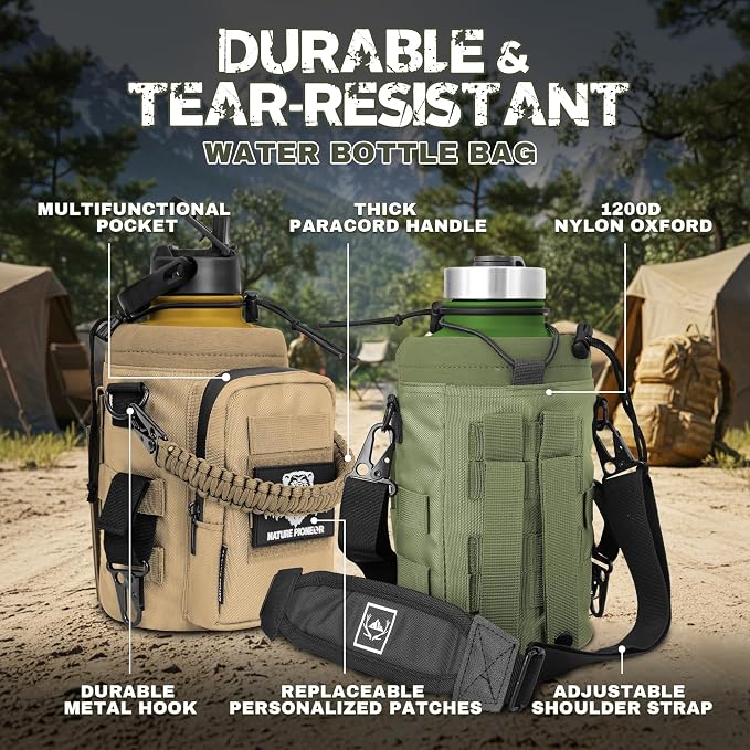 NATURE PIONEOR 64 oz Tactical Water Bottle with MOLLE Bottle Pouch & 3 Lids | 18/8 Food-grade Stainless Steel, Double Vacuum Insulation, 3 Leak-proof Lids, Handle, Strap, Camping, Hiking, Gym, Work - Image 2