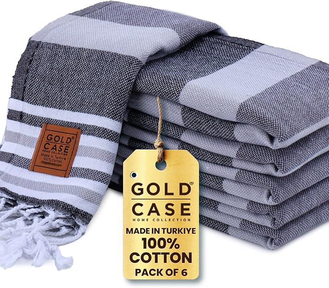 GOLD CASE HOME COLLECTION Olympos Original Turkish Hand Towels by - Set of 6-20x40 inches 100% Cotton Decorative Bathroom & Kitchen for Hand, Face, Hair, SPA, Farmhouse, Gym, Tea and Dishcloth, Black by GoldCaseHomeCollection