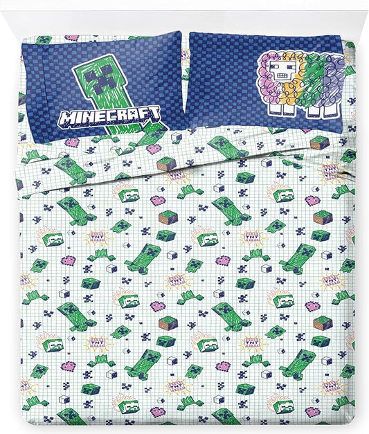 Jay Franco Kids Sheet Set with Fitted, Flat Sheets & Pillow Cover - Ultra-Soft Bedding with Pillowcase for Room Decor, Multi - Minecraft, 4 Piece Full by JayFranco
