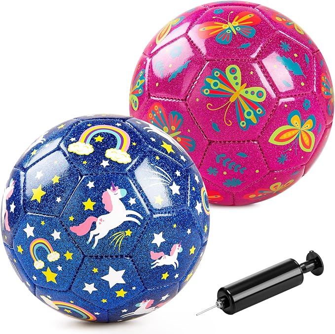 ZOOJOY Soccer Ball Size 2, 2 Pack Cartoon Ball with Pump Mesh Bag, Butterfly & Unicorn Toddler Girls Toys for 1 2 3 4 5 6 Years Old, Christmas Girls Boys Gifts for Indoor Outdoor Play Balls