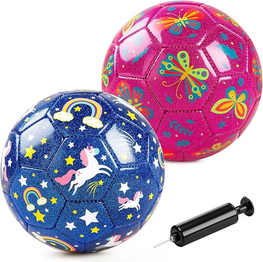 ZOOJOY Soccer Ball Size 2, 2 Pack Cartoon Ball with Pump Mesh Bag, Butterfly & Unicorn Toddler Girls Toys for 1 2 3 4 5 6 Years Old, Christmas Girls Boys Gifts for Indoor Outdoor Play Balls