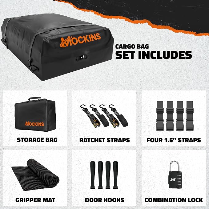 Mockins 25 CuFt Waterproof Rooftop Cargo Carrier Bag | 60"x43"x17" All-Weather 500D Soft-Shell Vinyl Car Top Carrier Without Roof Rack | Vehicle Soft-Shell Carriers with Roof Mat, Lock, Hooks & Straps - Image 8