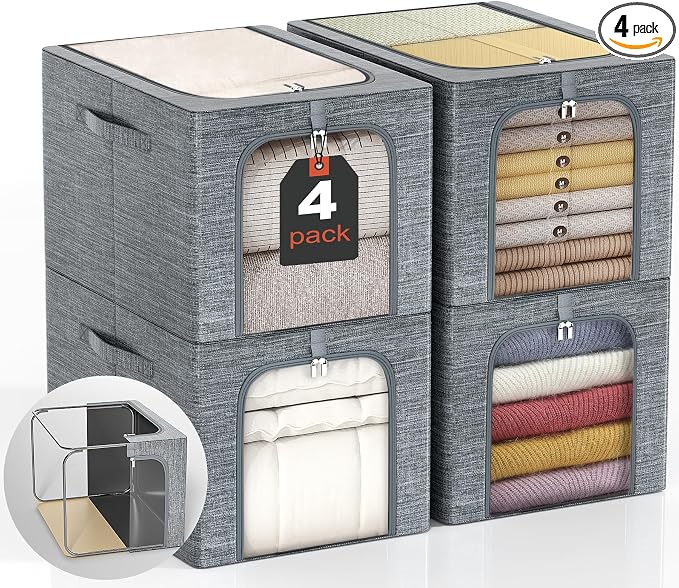 GoMaihe Clothes Storage Bins with Metal Frame, 4-Pack Closet Storage Bins with Lid & Clear Window, Sweater Boxes Organizer for Closet, Clothing Storage, Cationic Fabric 40L by GoMaihe