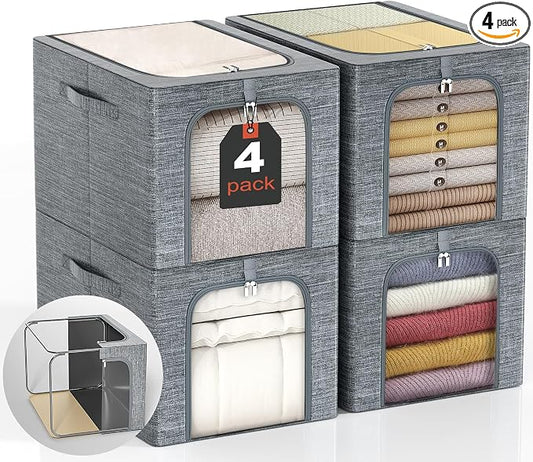 GoMaihe Clothes Storage Bins with Metal Frame, 4-Pack Closet Storage Bins with Lid & Clear Window, Sweater Boxes Organizer for Closet, Clothing Storage, Cationic Fabric 40L by GoMaihe