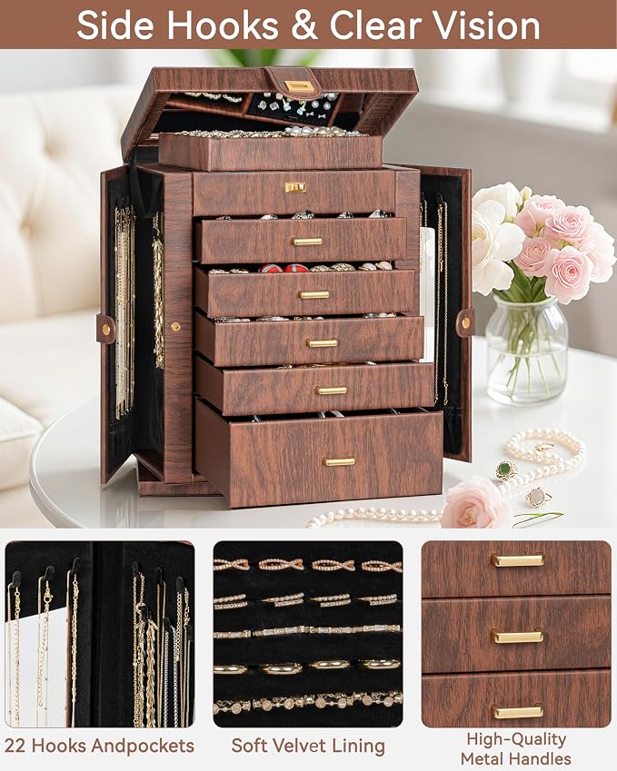 AKOZLIN 6-Tier Jewelry Box Organizer Functional 5 Drawers Leather Jewelry Storage Case for Women Girls Ring Necklace Earring Bracelet Holder Organizer with Mirror XL Red 360° Rotating - Image 6