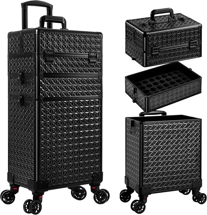 3 in 1 Rolling Makeup Train Case Cosmetology Case on Wheels, Black | Large Cosmetic Trolley Organizer with Keys Salon Barber Case Traveling Cart Trunk for Artist Hairstylists Nail Tech by Unknown