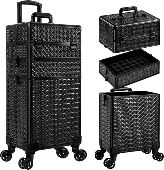 3 in 1 Rolling Makeup Train Case Cosmetology Case on Wheels, Black | Large Cosmetic Trolley Organizer with Keys Salon Barber Case Traveling Cart Trunk for Artist Hairstylists Nail Tech by Unknown