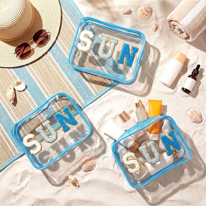 Kacctyen 12 Pcs Clear Sun Makeup Bags Bulk Sunscreen Pouch for Beach Pool Waterproof Toiletry Cosmetic Zipper Organizer with Preppy Chenille Letter Patch Women Girls Summer Vacation Gifts Essentials - Image 2