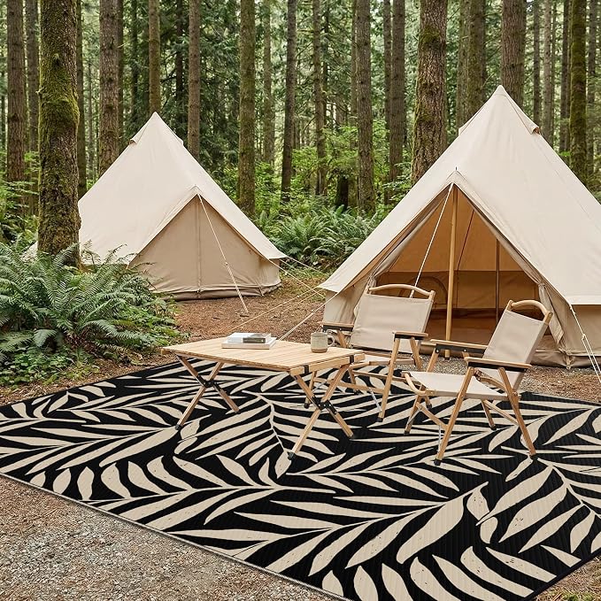 Smiry Outdoor Rug 6x9 ft, Waterproof Reversible Plastic Straw Rugs, Outdoor Area Rug with Leaf Pattern, Outside Floor Mat for Patio, Backyard, Deck, Picnic, Beach, Camping, Black & Beige - Image 7