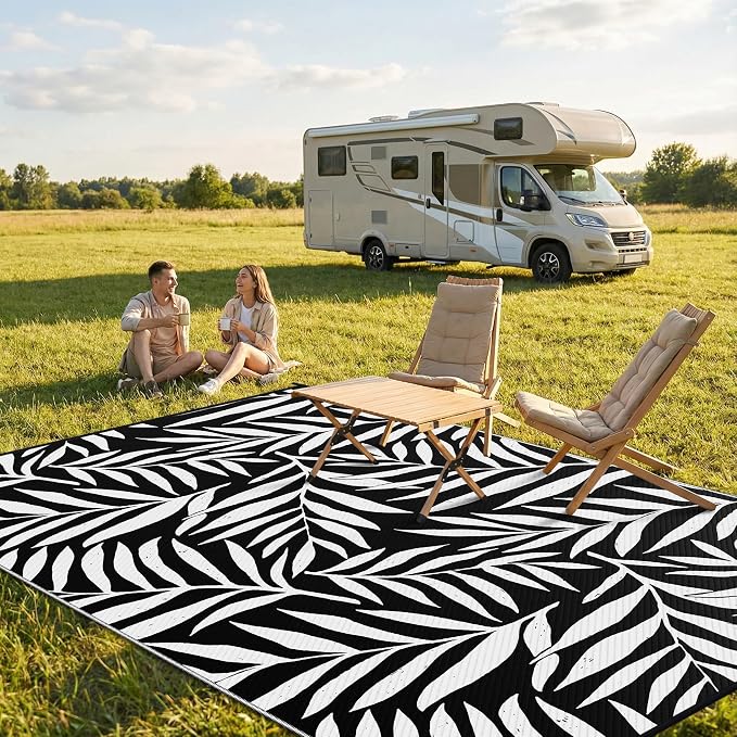 Smiry Outdoor Rug 9x12 ft, Waterproof Reversible Plastic Straw Rugs, Outdoor Area Rug with Leaf Pattern, Outside Floor Mat for Patio, Backyard, Deck, Picnic, Beach, Camping, Black & White - Image 2