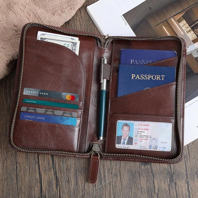 Polare Full Grain Leather Passport Holder With YKK Zipper RFID Blocking Travel Document Organizer Ticket Holder Cover Case Holds 2 Passports (Coffee) - Image 3