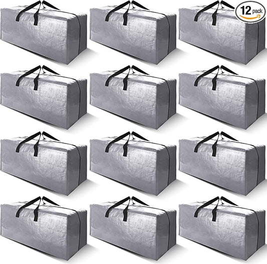 Cosy Family 12 Pack Heavy Duty Moving Bags with Backpack Straps - Strong Handles & Zippers, Storage Totes For Space Saving, Fold Flat, Alternative to Moving Box (X-Large-Set of 12, Silver) by Cosy+Family