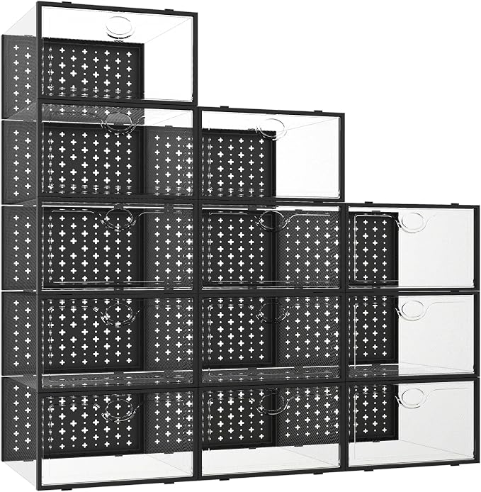 Pinkpum 12 Pcs XLarge Shoe & Sneaker Storage Organizer Box Clear Plastic Stackable Closet Black by Pinkpum