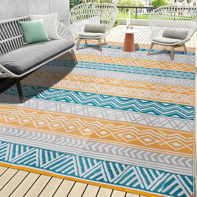 Outdoor Rugs, Outdoor Plastic Straw Rug, Reversible Waterproof Carpet for Camping, Poolside, Garden, BBQ Area, Gazebo Flooring, RV Park & Beach, Colourful Style, 9x12 by Unknown