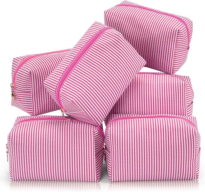 Makeup Bag Set for Women, 6PCS Travel Cosmetic Bags Pencil Case, Striped Seersucker Toiletry Organizer Pouches, Cute Makeup Pouch for Purse, Accessories and Gifts, Rose Red by Unknown