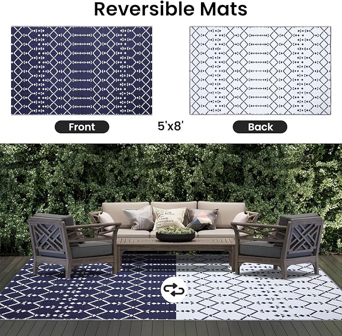 Smiry Outdoor Rug 5x8 ft, Waterproof Reversible Plastic Straw Rugs, Boho Outdoor Area Rug, Outside Floor Mat for Patio, Backyard, Deck, Picnic, Beach, Camping, Navy - Image 3