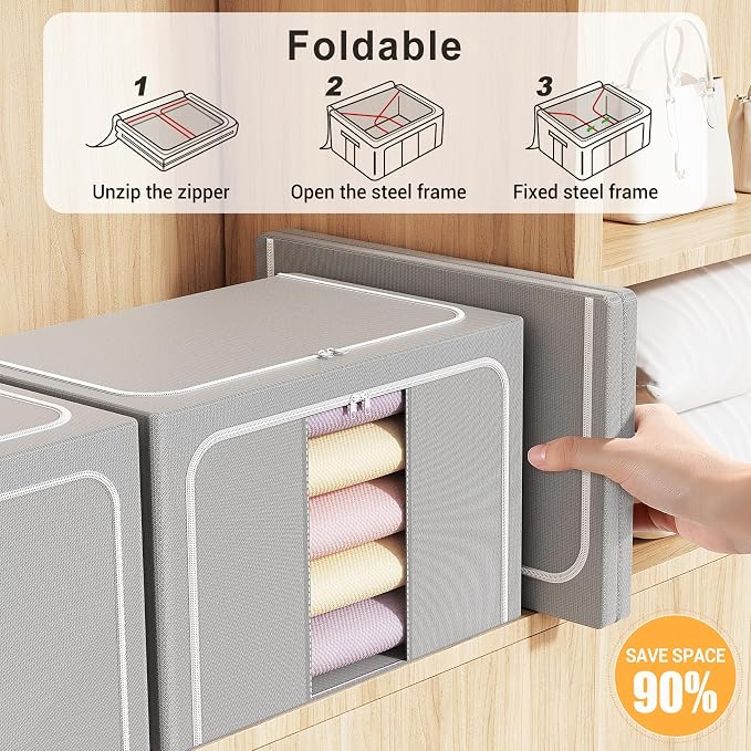 Clothes Storage Bins with Metal Frame Foldable Storage Box Clothes Organizers Storage Containers for Clothes Sheets Blankets Books Toys Gifts and Holiday Decorations (100Lx3 Pack) - Image 3