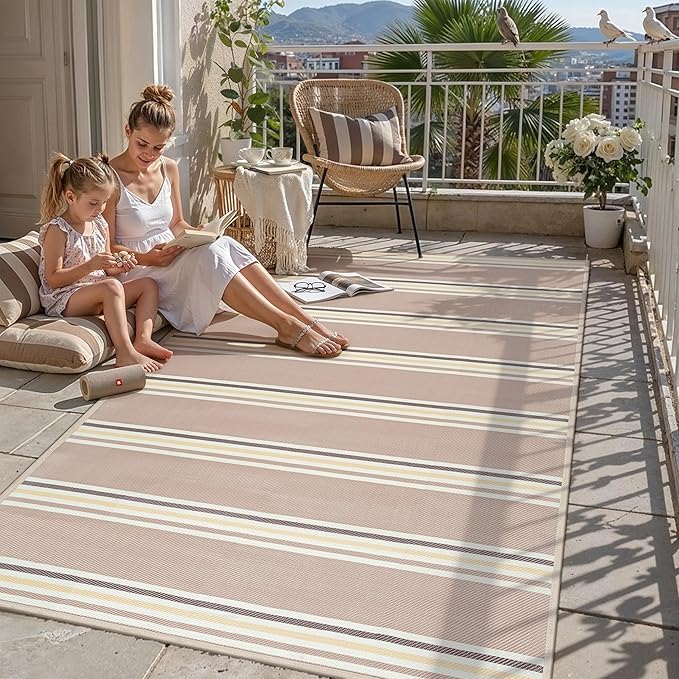 PureCozy Outdoor Waterproof 5x8 Rug for Patio Reversible Plastic Straw Beige Striped Camping Mat Outside Lightweight Large Floor Mat for RV Deck Beach Balcony Picnic Backyard Entry Porch by PureCozy