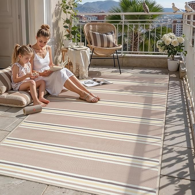 PureCozy Outdoor Waterproof 6x9 Rug for Patio Reversible Plastic Straw Beige Striped Camping Mat Outside Lightweight Large Floor Mat for RV Deck Beach Balcony Picnic Backyard Entry Porch - Image 2
