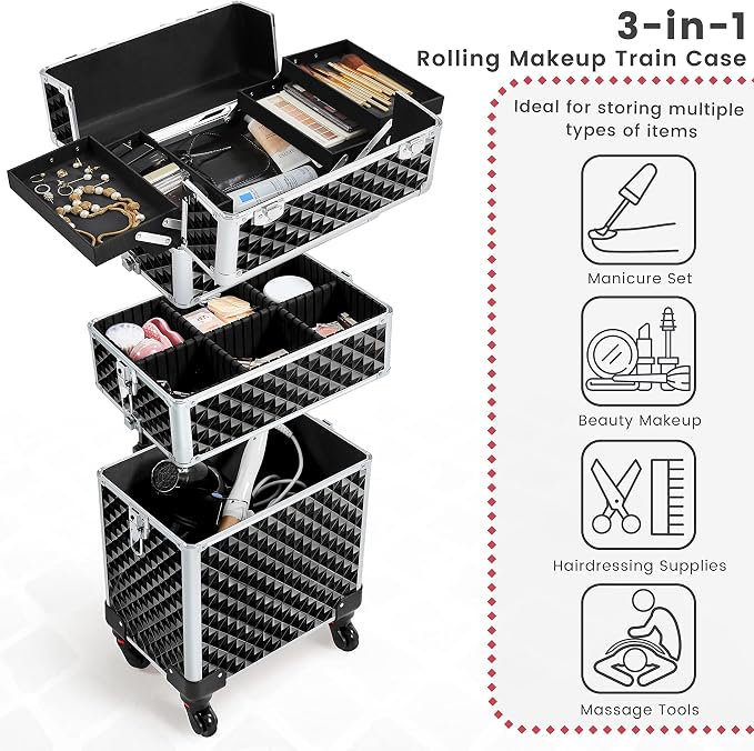 Yaheetech Rolling Makeup Train Case 3 in 1 Cosmetic Case Large Capacity Organizer with Swivel Wheels Key Cosmetic Trolley for Nail Tech Makeup - Black - Image 4