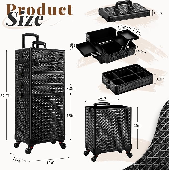 AROUS 5 in 1 Rolling Makeup Train Case with Lid Cosmetology Case on Wheels | Large Cosmetic Trolley Organizer with Keys Salon Barber Case Traveling Cart Trunk for Artist Hairstylists Nail Tech, Black - Image 3