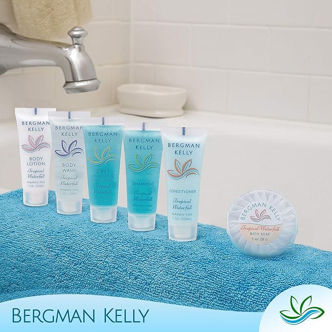 Bergman Kelly - Hotel Toiletries Bundle - Tropical Waterfall, 1 oz each, 100 Pcs - 4-Piece Set: 25 Rectangular Bar Soap, 25 Shampoo, 25 Conditioner & 25 Body Lotion - Bulk Mini Guest Amenities Supply
