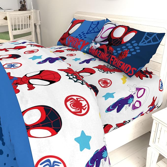 Jay Franco Kids Sheet Set with Fitted, Flat Sheets & Pillow Cover - Ultra-Soft Bedding with Pillowcase for Room Decor, White - Spidey & Friends, 4 Piece Full - Image 7