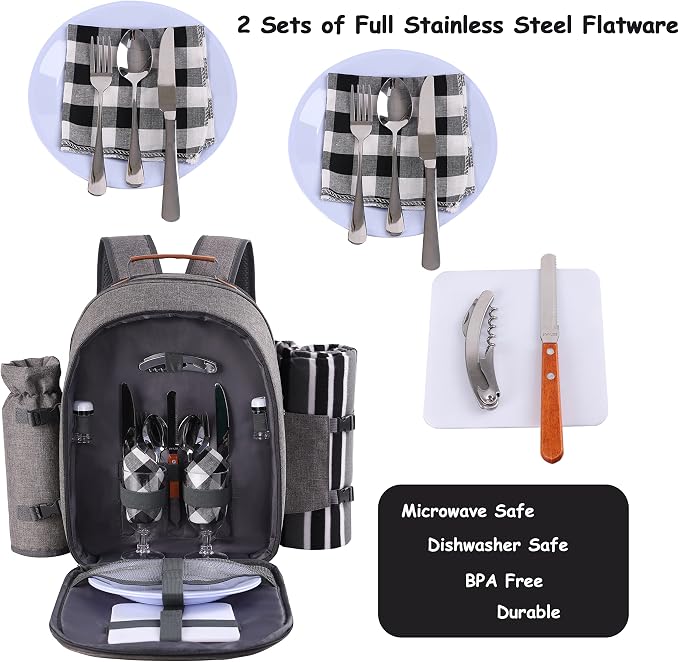 Apollo Walker Picnic Backpack Set for 2 Person with Cooler Compartment, Detachable Bottle/Wine Holder, Fleece Blanket, Plates and Cutlery Set - Image 3