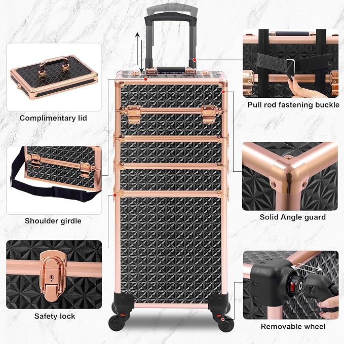 Somduy Rolling Makeup Case, Makeup Train Case with Lid, 5 in 1 Cosmetology Case on Wheels, Christmas Gift, Large Makeup Organizers, Profesional Cosmetic Case for Salon Barber, Black gold - Image 3
