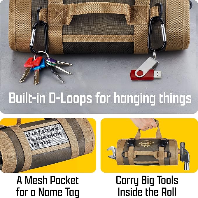 Ryker Heavy Duty Roll Up Tool Bag Organizer w/Detachable Pouches, Khaki | Tool Roll Up Bag Tool Box Organization. Portable Truck & Motorcycle accessories. Rollup Tools Bags for Mechanic & Electrician - Image 9