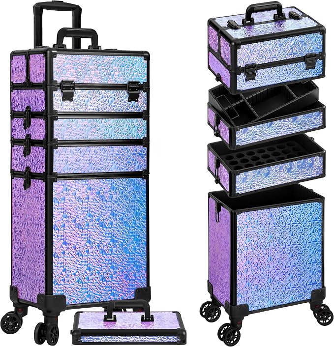 Rolling Makeup Train Case with Lid Cosmetology Case on Wheels | 5 in 1 Large Cosmetic Trolley Organizer Travel for Hairstylist Artist Nail Beauty Salon Barber Cart Trunk, Gravel Purple by Unknown
