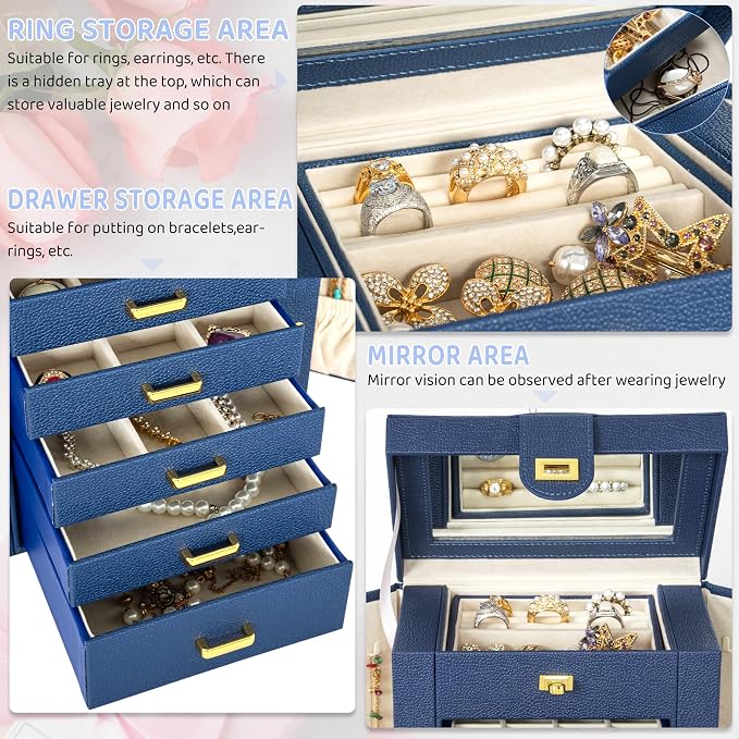 AKOZLIN 6-Tier Jewelry Box Organizer Functional 5 Drawers Leather Jewelry Storage Case for Women Girls Ring Necklace Earring Bracelet Holder Organizer with Mirror Blue Regular - Image 3