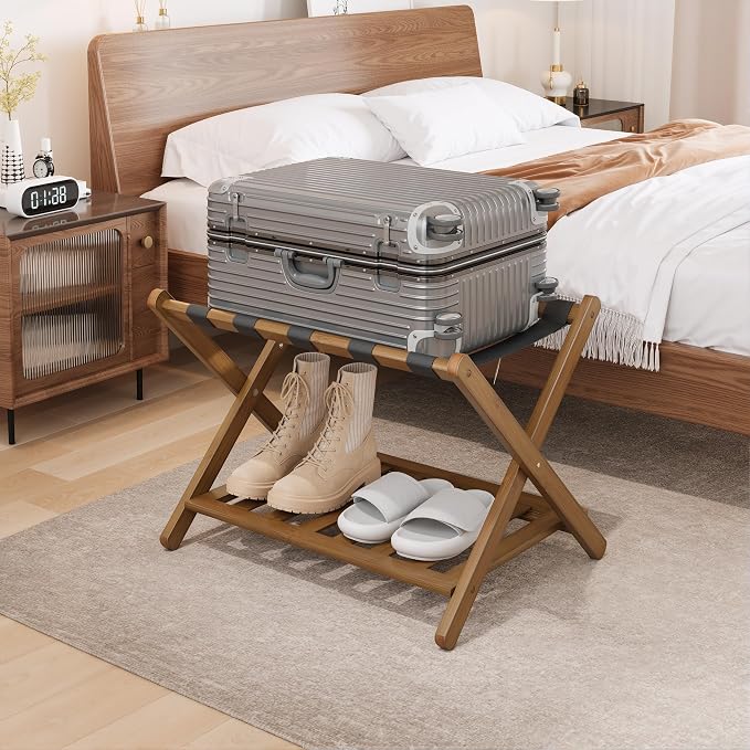 Smuxee Fully Assembled Black Walnut Luggage Rack, Upgraded Bamboo Foldable Suitcase Stand with 5 Nylon Straps, Luggage Holder with Shelf for Guest Room Bedroom Hotel - Image 7