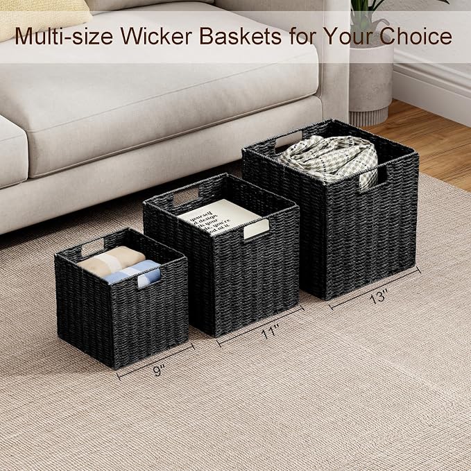 Vagusicc Storage Basket, Set of 2 Hand-Woven Storage Baskets for Organizing with Handles, Foldable Cube Storage Baskets Bins Organizer, 13 inch Large Wicker Baskets for Shelves & Decor, Black - Image 8