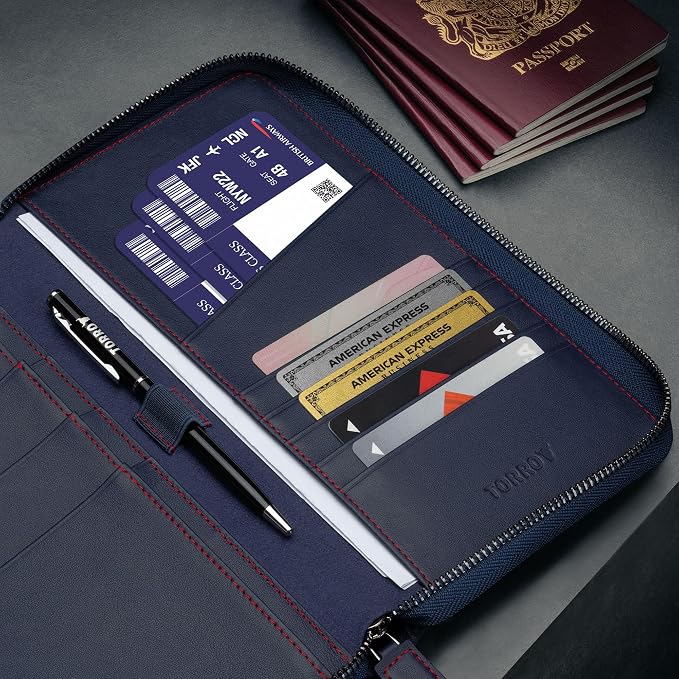 TORRO Premium Leather Family Travel Wallet, RFID Blocking Travel Organizer, Family Passport Holder for 4 Passports, Travel Documents and Cards (Navy Blue) - Image 4