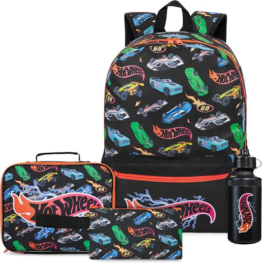 Get Trend Hot Wheels Boys Backpack 4 Piece Set | 18 In Bookbag with Insulated Lunch Bag, Pencil Case & BPA-Free Water Bottle, Adjustable Padded Straps, Gamer Gifts for Boys by GetTrend
